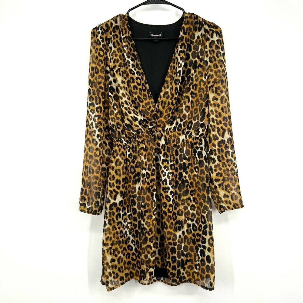 Express Dress Brown Black Leopard Print Long Sleeve Mini V Neck